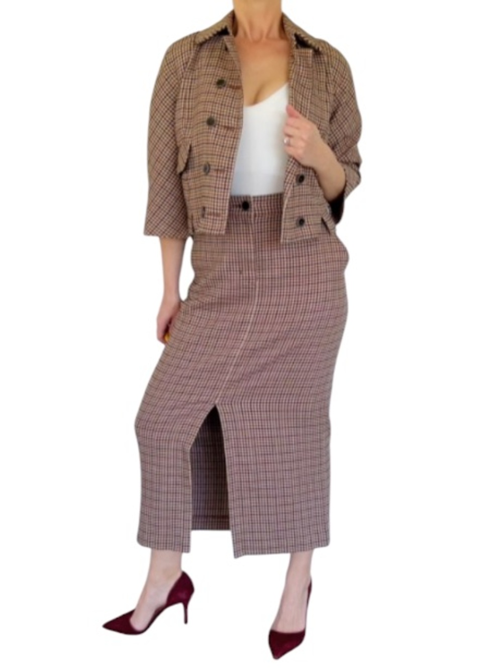 CAbi brown green houndstooth plaid print matching skirt and blazer set small - Picture 2 of 14